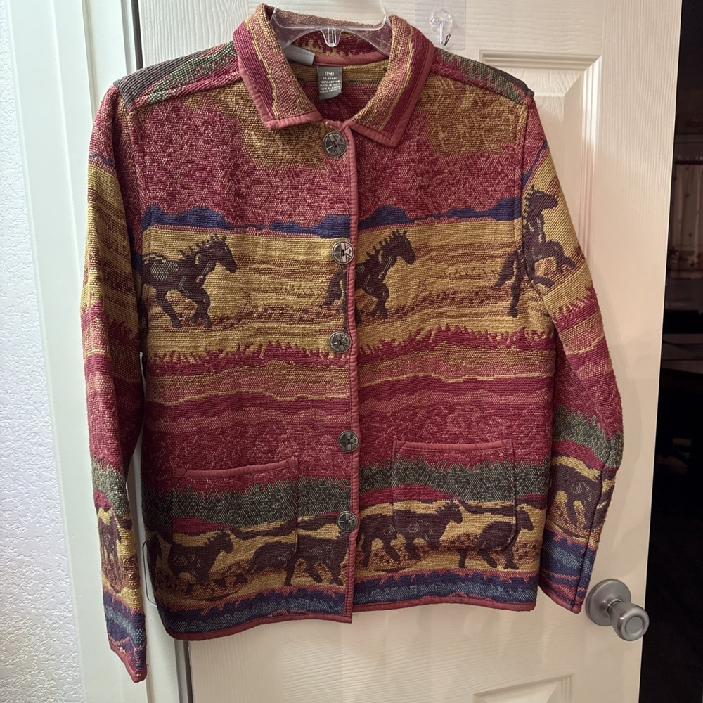 Jane Ashley Button Up Horse Jacket Petite Medium Multicolor Cotton Equestrian